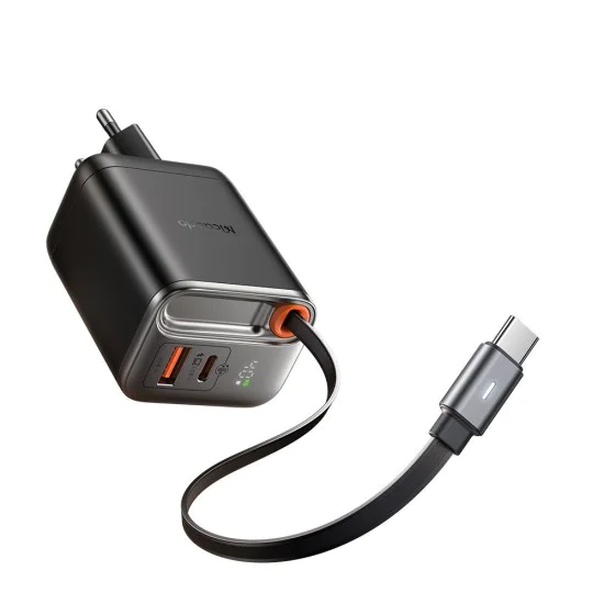 Стенен адаптер FreeGo Series – Mcdodo (CH-4281) – вграден USB-C прибиращ кабел, USB-A/C, 40W, цифров дисплей, 65cm – Черен