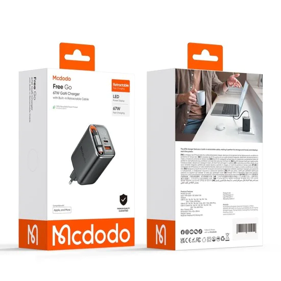 Стенен адаптер FreeGo Series – Mcdodo (CH-4100) – вграден USB-C прибиращ кабел, USB-A/C, 67W, цифров дисплей, 65cm – Черен