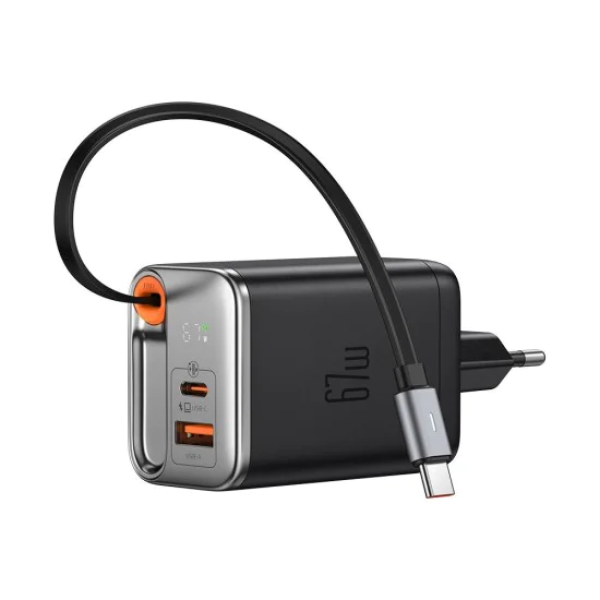Стенен адаптер FreeGo Series – Mcdodo (CH-4100) – вграден USB-C прибиращ кабел, USB-A/C, 67W, цифров дисплей, 65cm – Черен