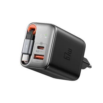 Стенен адаптер FreeGo Series – Mcdodo (CH-4100) – вграден USB-C прибиращ кабел, USB-A/C, 67W, цифров дисплей, 65cm – Черен