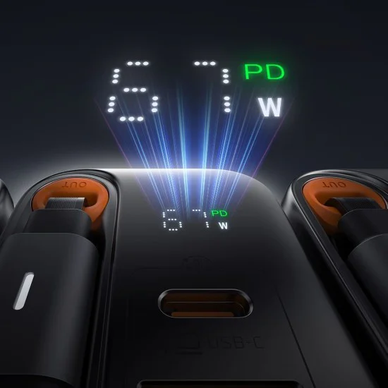 Стенен адаптер FreeGo Series – Mcdodo (CH-4100) – вграден USB-C прибиращ кабел, USB-A/C, 67W, цифров дисплей, 65cm – Черен