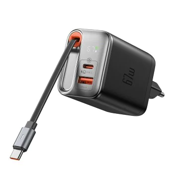 Стенен адаптер FreeGo Series – Mcdodo (CH-4100) – вграден USB-C прибиращ кабел, USB-A/C, 67W, цифров дисплей, 65cm – Черен