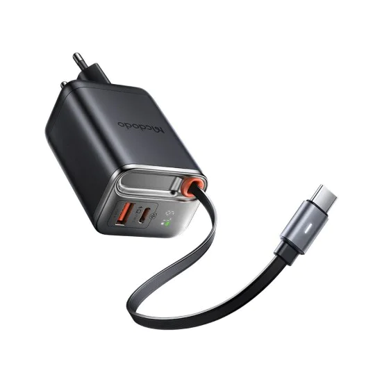 Стенен адаптер FreeGo Series – Mcdodo (CH-4100) – вграден USB-C прибиращ кабел, USB-A/C, 67W, цифров дисплей, 65cm – Черен