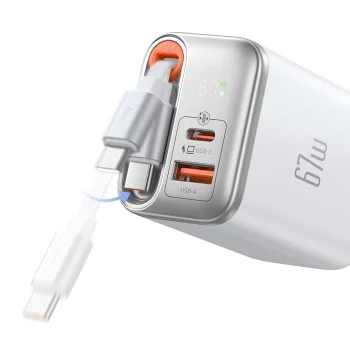 Стенен адаптер FreeGo Series – Mcdodo (CH-4103) – вграден USB-C прибиращ кабел, USB-A/C, 67W, цифров дисплей, 65cm – Бял