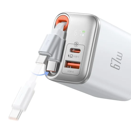 Стенен адаптер FreeGo Series – Mcdodo (CH-4103) – вграден USB-C прибиращ кабел, USB-A/C, 67W, цифров дисплей, 65cm – Бял