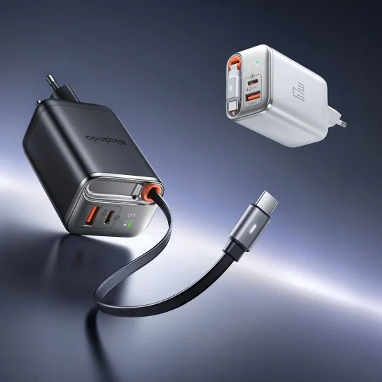 Стенен адаптер FreeGo Series – Mcdodo (CH-4103) – вграден USB-C прибиращ кабел, USB-A/C, 67W, цифров дисплей, 65cm – Бял