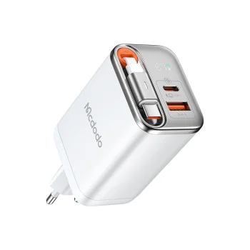 Стенен адаптер FreeGo Series – Mcdodo (CH-4103) – вграден USB-C прибиращ кабел, USB-A/C, 67W, цифров дисплей, 65cm – Бял
