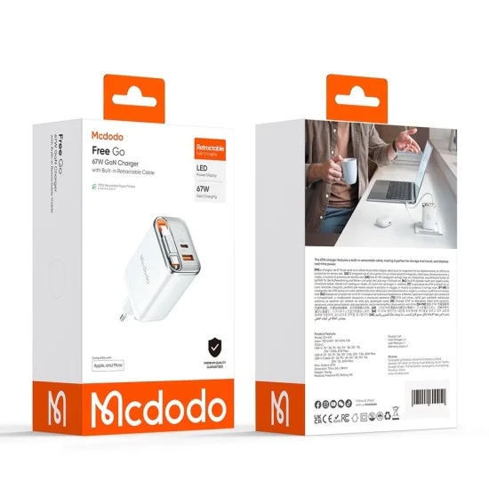 Стенен адаптер FreeGo Series – Mcdodo (CH-4103) – вграден USB-C прибиращ кабел, USB-A/C, 67W, цифров дисплей, 65cm – Бял