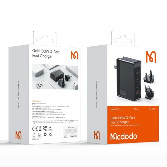 Пътнически адаптер – Mcdodo Nuc AR Power Series (CH-8101 Pro) – UK/US/EU, 2× Type-C, USB-A, 100W, GaN – Черен