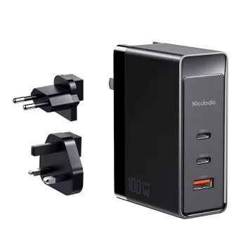 Пътнически адаптер – Mcdodo Nuc AR Power Series (CH-8101 Pro) – UK/US/EU, 2× Type-C, USB-A, 100W, GaN – Черен