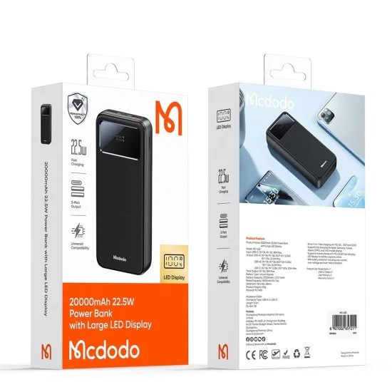 Външна батерия (MC-4230) - Mcdodo - Type-C + 2x USB-A, 20000mAh, 22.5W, LED дисплей - Черно