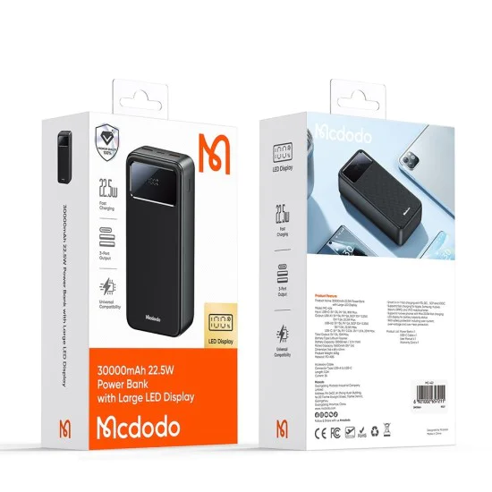 Външна батерия (MC-4240) - Mcdodo - Type-C + 2x USB-A, 30000mAh, 22.5W, LED дисплей - Черно