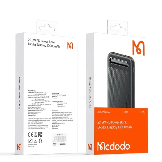 Външна батерия Star Series (MC-3881) - Mcdodo - USB-C + 2x USB, 10000mAh, 22.5W, дисплей - Черно