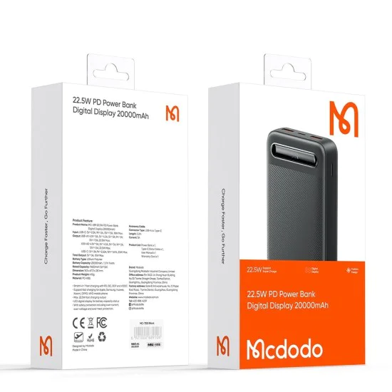 Външна батерия Star Series (MC-3891) - Mcdodo - USB-C + 2x USB, 20000mAh, 22.5W, дисплей - Черно