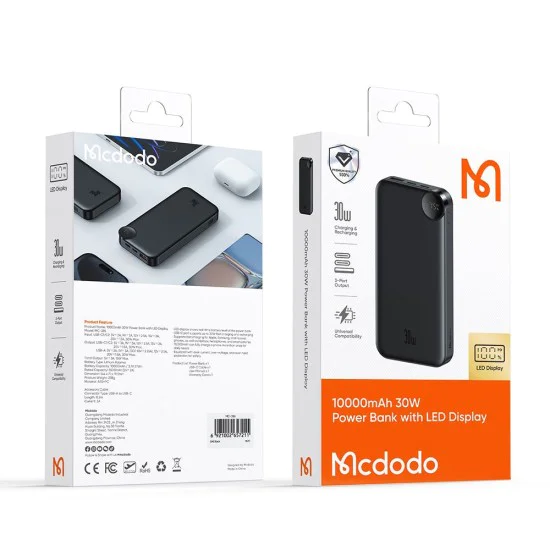 Mcdodo - Външна батерия (MC-3850) - USB-C порт, 10000mAh, 30W, LED дисплей - Черен