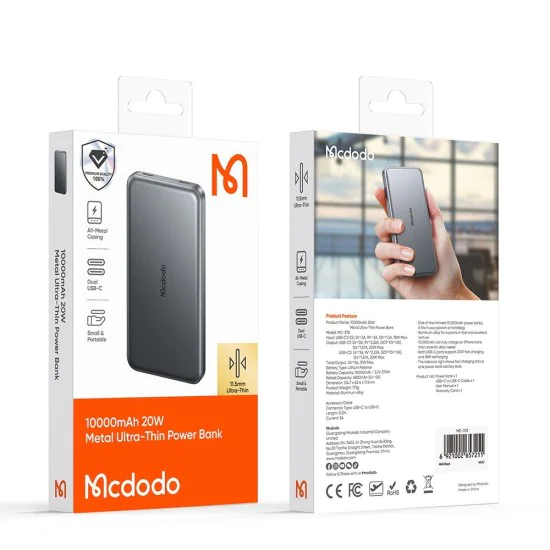 Магнитна външна батерия Meta Series (MC-3781) - Mcdodo - 10000mAh, 20W, ултратънък дизайн - Черно