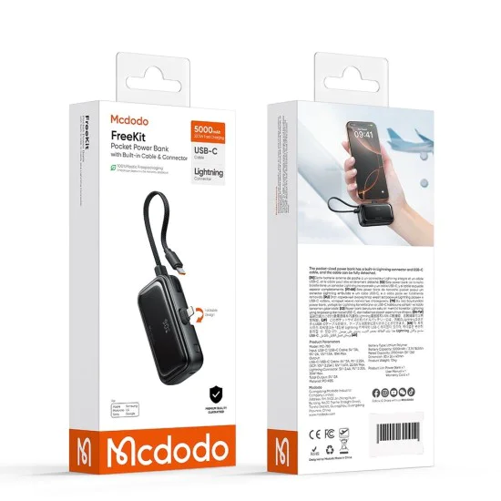 Mcdodo - Външна батерия FreeKit Series (MC-7800) - с вграден кабел и конектор Lightning, 5000mAh, 22.5W - Черен