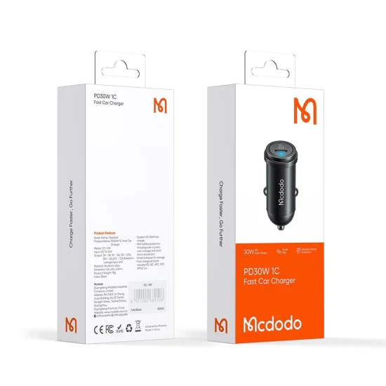 Зарядно за автомобил – Mcdodo Obsidian Series (CC-7491) – Type-C, PD30W, Smart IC, 1.2m – Черен