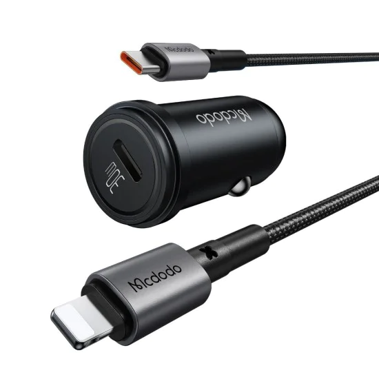 Зарядно за автомобил – Mcdodo Obsidian Series (CC-7492) – включен Type-C → Lightning кабел, PD30W, Smart IC, 1.2m – Черен