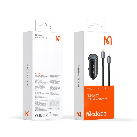 Зарядно за автомобил – Mcdodo Obsidian Series (CC-7492) – включен Type-C → Lightning кабел, PD30W, Smart IC, 1.2m – Черен