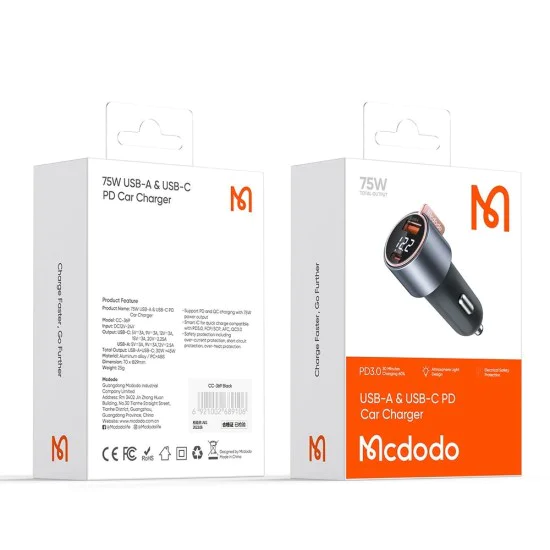 Зарядно за автомобил – Mcdodo Venus Series (CC-3690) – двоен порт, PD75W, дигитален дисплей, 12–24V – Черен