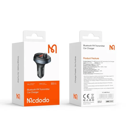 FM модулатор със зарядно за кола (CC-6880) - Mcdodo - 2x USB-A, LED дисплей, 2.1A - Черно