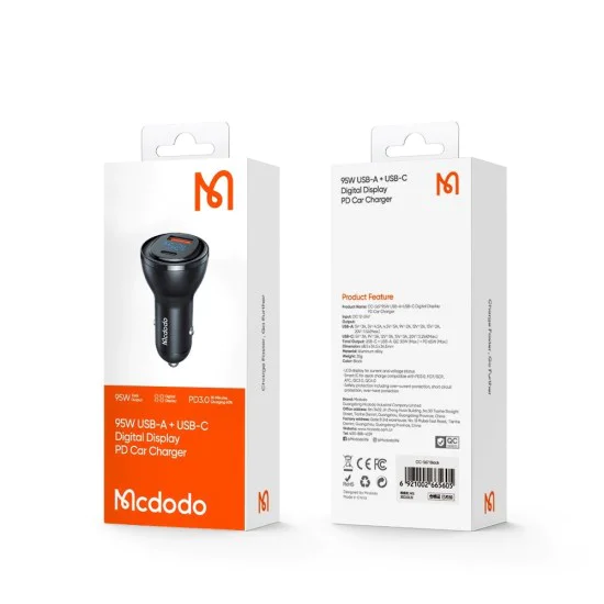 Зарядно за автомобил – Mcdodo (CC-5670) – двоен порт, 95W, бързо зареждане, LED дисплей – Черен