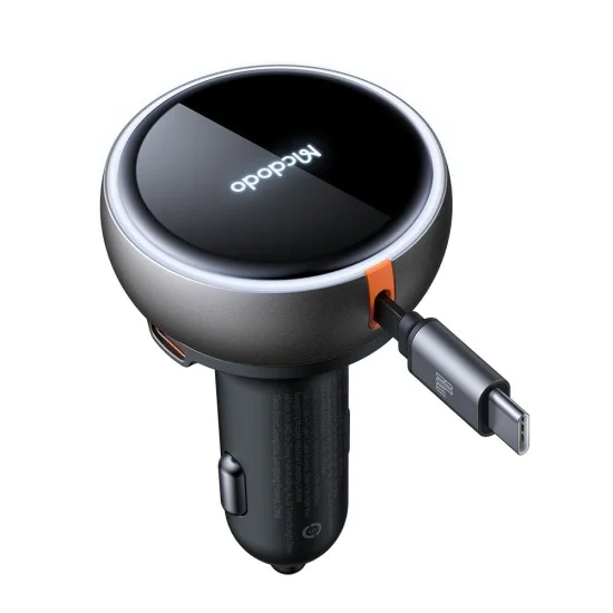 Зарядно за автомобил – Mcdodo (CC-4850) – с прибиращ се USB-C кабел, 80W, двоен порт, светлинен индикатор, 80см – Черен