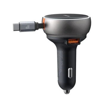 Зарядно за автомобил – Mcdodo (CC-4850) – с прибиращ се USB-C кабел, 80W, двоен порт, светлинен индикатор, 80см – Черен