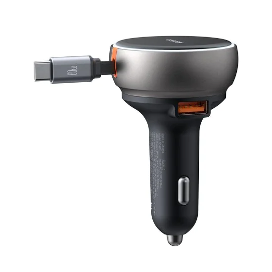 Зарядно за автомобил – Mcdodo (CC-4850) – с прибиращ се USB-C кабел, 80W, двоен порт, светлинен индикатор, 80см – Черен