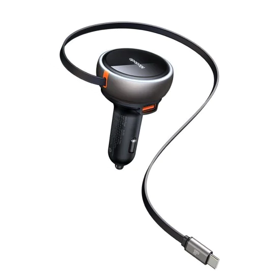 Зарядно за автомобил – Mcdodo (CC-4850) – с прибиращ се USB-C кабел, 80W, двоен порт, светлинен индикатор, 80см – Черен