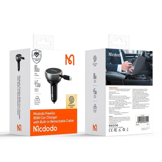Зарядно за автомобил – Mcdodo (CC-4850) – с прибиращ се USB-C кабел, 80W, двоен порт, светлинен индикатор, 80см – Черен