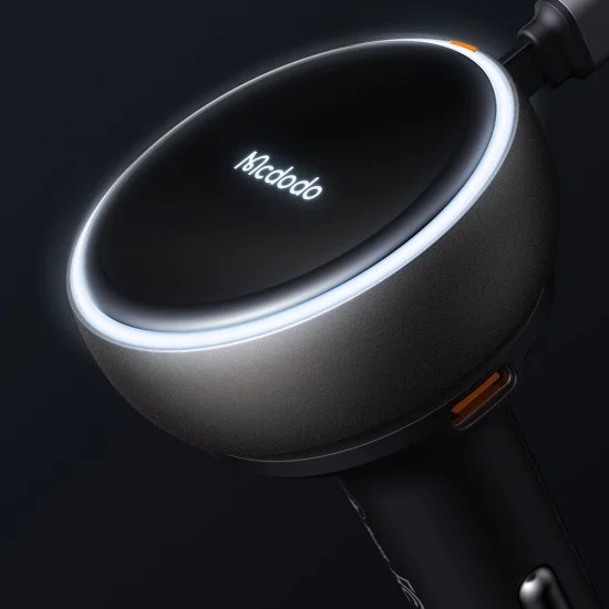 Зарядно за автомобил – Mcdodo (CC-4850) – с прибиращ се USB-C кабел, 80W, двоен порт, светлинен индикатор, 80см – Черен