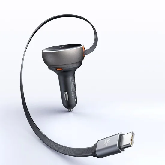Зарядно за автомобил – Mcdodo (CC-4850) – с прибиращ се USB-C кабел, 80W, двоен порт, светлинен индикатор, 80см – Черен