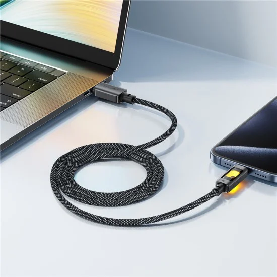 Acefast - Кабел за данни (C21-03) - Бързо зареждане, Type-C към Type-C, 60W, 3A, Цветен градиентен светлинен ефект, 1.2 м - Черен