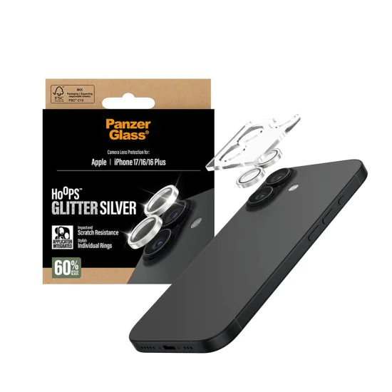 Протектор - Камера за iPhone 17 / iPhone 16 / iPhone 16 Plus - PanzerGlass® - Hoops® протектор за обектив на камера - с брокат и сребрист цвят