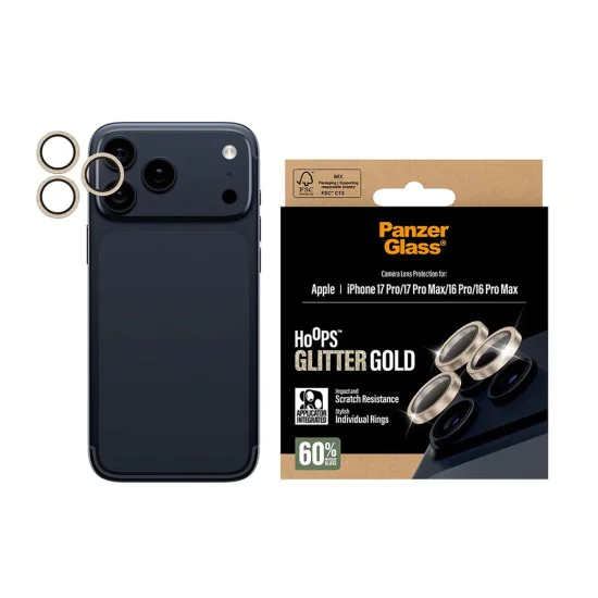 Протектор - Камера за iPhone 17 Pro / iPhone 17 Pro Max / iPhone 16 Pro / iPhone 16 Pro Max - PanzerGlass® - Hoops® протектор за обектив на камера - златист с брокат