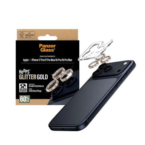 Протектор - Камера за iPhone 17 Pro / iPhone 17 Pro Max / iPhone 16 Pro / iPhone 16 Pro Max - PanzerGlass® - Hoops® протектор за обектив на камера - златист с брокат