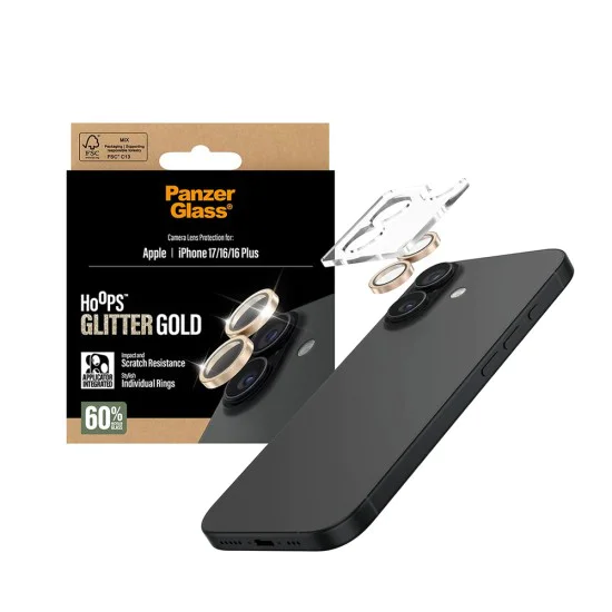 Протектор - Камера за iPhone 17 / iPhone 16 / iPhone 16 Plus - PanzerGlass® - Hoops® протектор за обектив на камера - златист с брокат