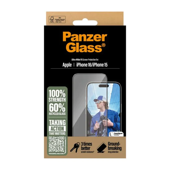 PanzerGlass® - Ултраширок протектор за екран - iPhone 16 / iPhone 15 - Черен