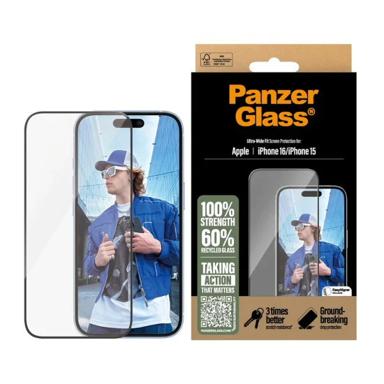PanzerGlass® - Ултраширок протектор за екран - iPhone 16 / iPhone 15 - Черен