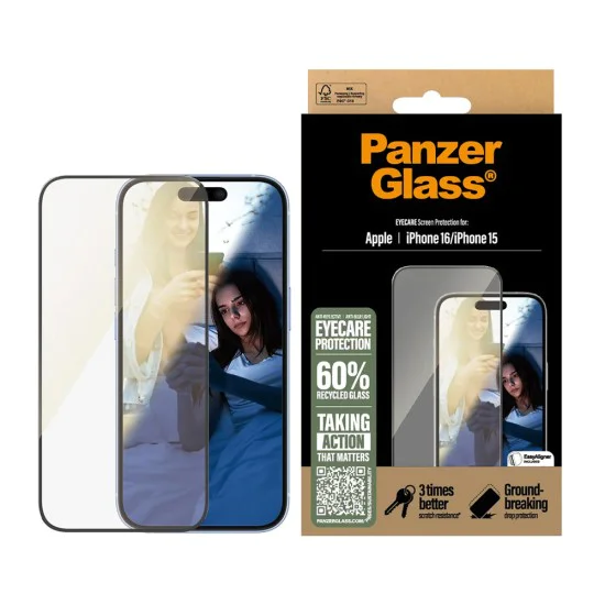 PanzerGlass® - Ултраширок протектор за екран EyeCare - iPhone 16 / iPhone 15 - Черен