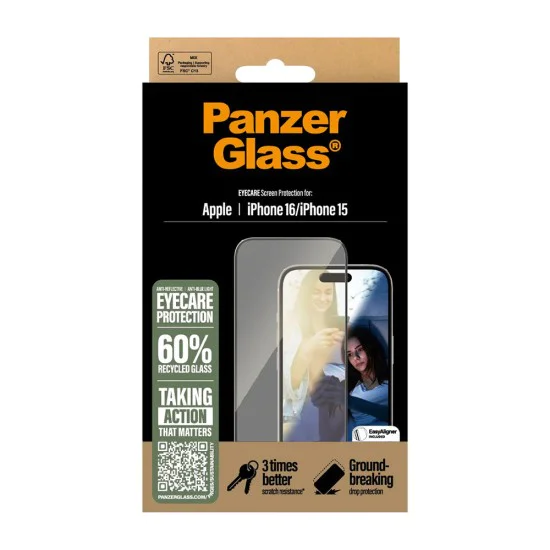 PanzerGlass® - Ултраширок протектор за екран EyeCare - iPhone 16 / iPhone 15 - Черен