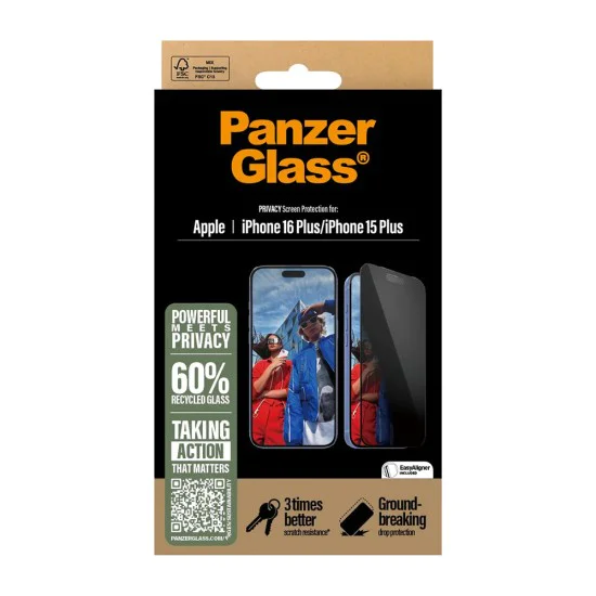 PanzerGlass® - Ултраширок протектор за екран за поверителност с EasyAligner - iPhone 16 Plus / iPhone 15 Plus - Черен