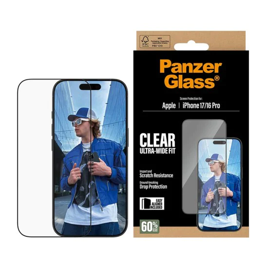 PanzerGlass® - Ултраширок протектор за екран с EasyAligner - iPhone 17 / iPhone 16 Pro - Черен