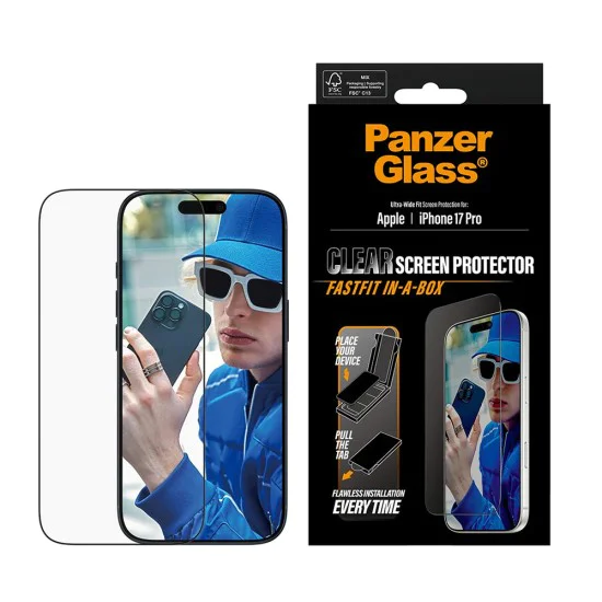PanzerGlass® - Ултраширок протектор за екран с бързо закрепване в кутия - iPhone 17 Pro - Черен
