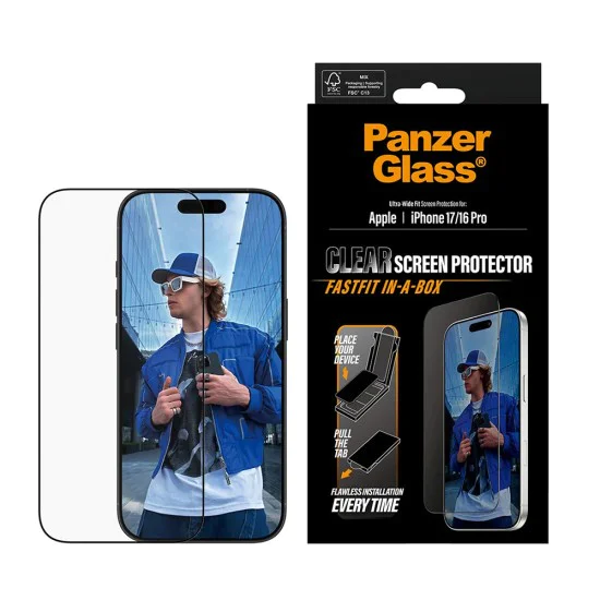 PanzerGlass® - Ултраширок протектор за екран с бързо закрепване в кутия - iPhone 17 / iPhone 16 Pro - Черен