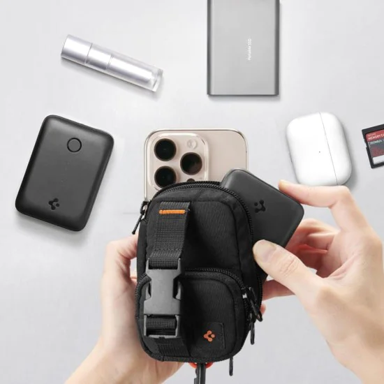 Spigen - Калъф за телефон с цип - Портфейл MagSafe, държач за карти, AirPods, органайзер, с кобур за колан, джобове, универсален - черен