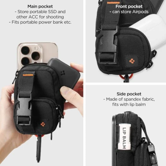 Spigen - Калъф за телефон с цип - Портфейл MagSafe, държач за карти, AirPods, органайзер, с кобур за колан, джобове, универсален - черен