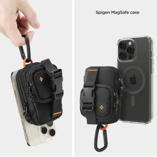 Spigen - Калъф за телефон с цип - Портфейл MagSafe, държач за карти, AirPods, органайзер, с кобур за колан, джобове, универсален - черен